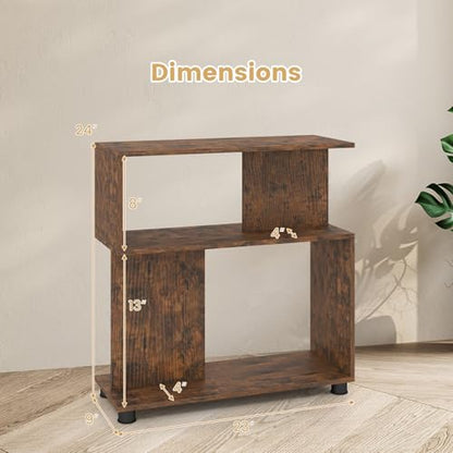 GOFLAME 3-Tier Geometric Bookcase, S-Shaped Bookshelf with 2 Open Back Compartments, Modern Display Rack, Narrow Compact Side End Table Nightstand for Living Room, Home Office (1,Rustic Brown) - color: Rustic Brown