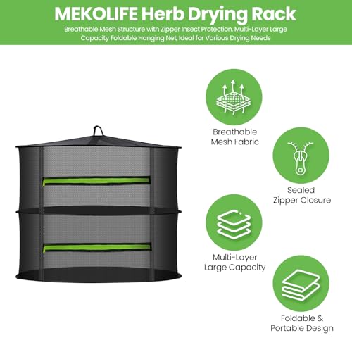 MEKOLIFE 2-Layer Hanging Herb Drying Rack, Small Mesh Net | 11.81 Inch Mesh Drying Rack with Zipper and Hooks, Indoor Outdoor for Herbs, Fruits, Seafood, Camping Food, Socks, Underwear - size: 2 Layers