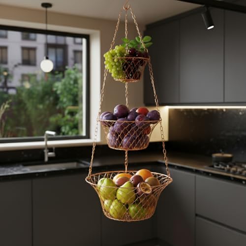 Hanging Fruit Basket – 3 Tier Hanging Baskets for Kitchen – Heavy Duty Wire Fruit and Vegetable Basket with Hooks, Copper Finish 32 Inches Kitchen Organizer, Storage Rack, Durable Iron