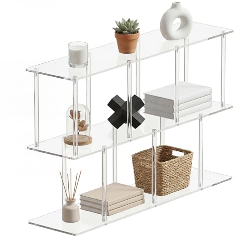 3-Tier Acrylic Low Bookshelf 11.8''D X 47.2''W X 24.6''H Clear Long Bookcase with Large Storage Cube Organizer Shelf Easy Assembly for Office Living Room Bedroom