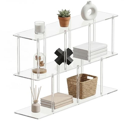 3-Tier Acrylic Low Bookshelf 11.8''D X 47.2''W X 24.6''H Clear Long Bookcase with Large Storage Cube Organizer Shelf Easy Assembly for Office Living Room Bedroom