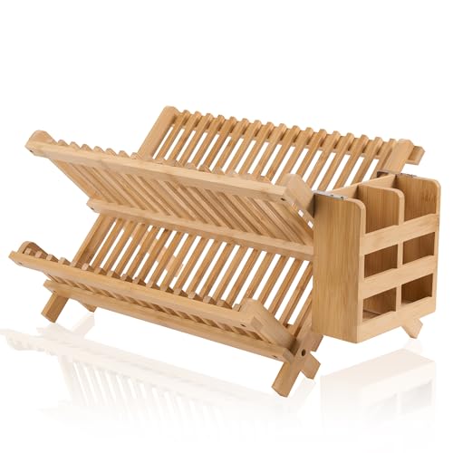 NOVAYEAH Bamboo Dish Drying Rack-2 Tier, Collapsible Small Dish Rack with Utensil Holder, Wooden Drying Rack for Kitchen Counter, Apartment Essentials Kitchen Plate Holder Organization 34 pcs Grid - color: 2-tier (Bamboo)