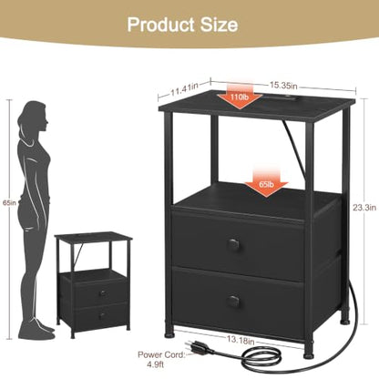 LOAKEKEL Night Stand, Nightstands Set of 2 with Charging Station | Bedside Table with 2 Fabric Drawers for Bedroom, End Tables with Storage Shelf for Small Spaces, Black - color: Black, style: Power