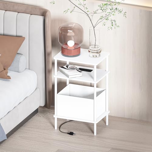Small Side Table with Charging Station, Set of 2 End Table for Small Spaces, Slim Nightstand with Outlet,Sofa Beside Table, 3-Tier Storage Shelf,Living Room, Bed Room, Natrual White - color: Natrual White