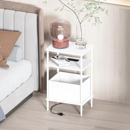 Small Side Table with Charging Station, Set of 2 End Table for Small Spaces, Slim Nightstand with Outlet,Sofa Beside Table, 3-Tier Storage Shelf,Living Room, Bed Room, Natrual White - color: Natrual White