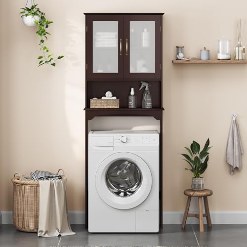 Yaheetech Over The Toilet Storage Cabinet, Free Standing Toilet Rack with Adjustable Shelves and Tempered Glass Doors for Bathroom Washroom, Espresso - color: Espresso