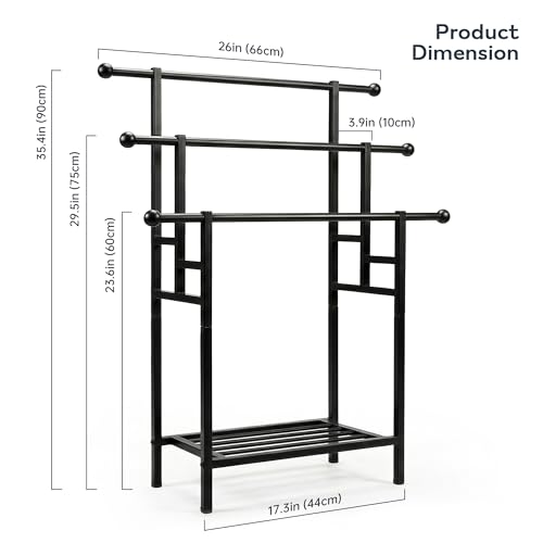 3 Tier Alloy Steel Towel Rack, 35" H Free Standing with Basket, Blanket Drying and Display for Oversized Bath Towels, Bathroom Accessories