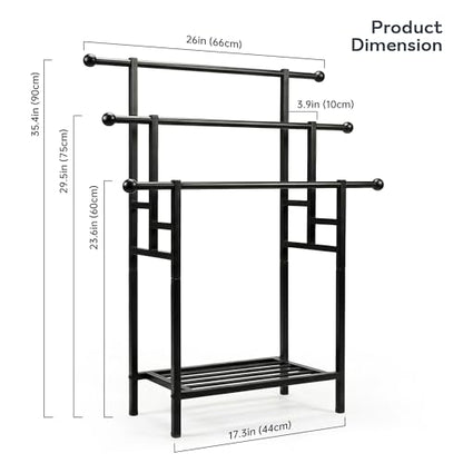 3 Tier Alloy Steel Towel Rack, 35" H Free Standing with Basket, Blanket Drying and Display for Oversized Bath Towels, Bathroom Accessories