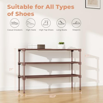 34" Widening Design Shoe Rack for Closet 16 Pairs Small Spaces Non-Woven 3 Tier Shoe Organizer Stackable Metal Shoe Shelf for Entryway, Bedroom Brown - color: Brown