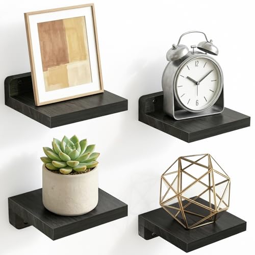 Fixwal Small Floating Shelves for Wall Decor (5Inch, Wood, Black, Set of 4) | Rustic wood shelf for displaying mini frames, plants, collectibles. Fits bedroom, living room, bathroom, kitchen, or office. - color: Black, size: 5in