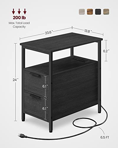 VASAGLE Side End Table with Charging Station, Slim Nightstand with 2 Drawers, Narrow Bedside Table for Living Room, Small Spaces, Charcoal Gray and Ink Black ULET321B22 - color: Charcoal Gray + Ink Black, size: 23.6"D x 13.8"W
