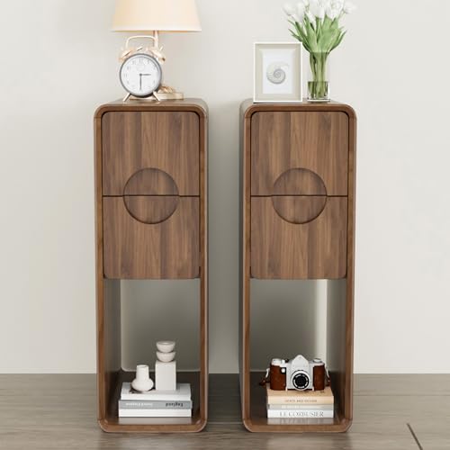 Narrow Walnut Nightstand Set of 2, Small Bedside Table with Circular Drawer, Skinny Side End Table, Wood Nightstand, Mid Century Modern Night Stand for Bedroom, Small Spaces, Slim, Vintage, Boho - color: Z04-walnut-2 Pcs