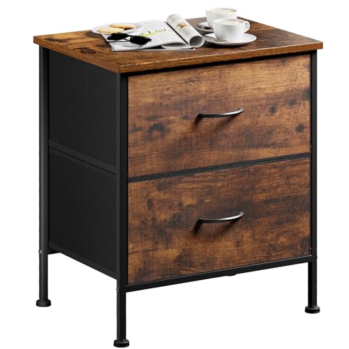 Industrial Nightstand with 2-Drawer Storage, Rustic Brown End Table with Metal Frame, Small Fabric Dresser for Bedroom, Living Room, Office, Easy Assembly