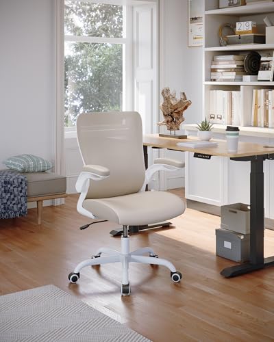 MUXX.STIL Office Chair, PU Leather Ergonomic Desk Chair with Adjustable Lumbar Support and Flip up Armrest, Breathable Mesh Computer Chair for Home Office, Khaki - color: Cream Khaki (Pu Leather Seat)