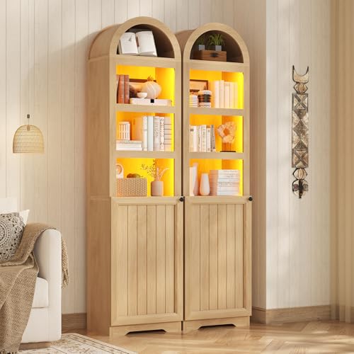 72" Tall Arched Narrow Bathroom Storage Cabinet with Lights, Slim Storage Cabinet with Adjustable Shelves for Small Spaces, Farmhouse Style (Oak) - color: Oak