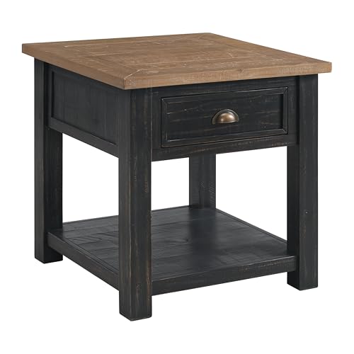 Monterey Farmhouse Rustic End Table, Solid Pine Wood Coastal Side Table with Drawer and Shelf. Black and Driftwood. | Farmhouse Rustic, Coastal Side Table, Drawer and Storage Shelf - color: Black and Driftwood