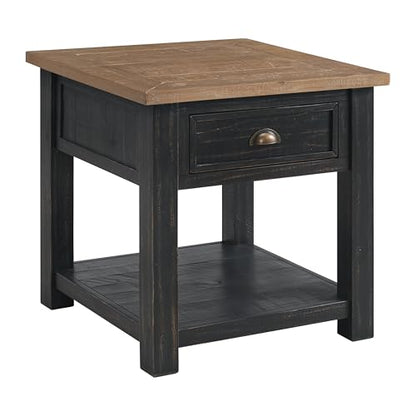 Monterey Farmhouse Rustic End Table, Solid Pine Wood Coastal Side Table with Drawer and Shelf. Black and Driftwood. | Farmhouse Rustic, Coastal Side Table, Drawer and Storage Shelf - color: Black and Driftwood
