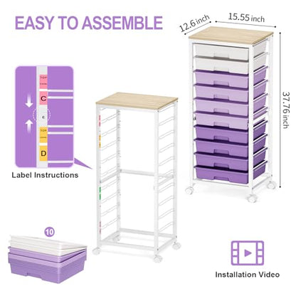 SYKIARIOL Rolling Cart with Drawers,10 Drawer Rolling Cart,Storage Cart with Wheels,Utility Cart with Drawers,Teacher Cart for Classroom Storage,Craft Cart with Wheels and Wooden Tabletop,Purple - color: purple