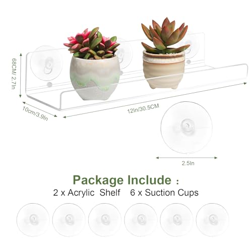 2 Pack Window Plant Shelves, 12 Inch Acrylic Suction Cup Shelves for Succulents, Herb Planters, Micro Greens, Bathroom Organizer, Display Stand & Cosmetics Storage