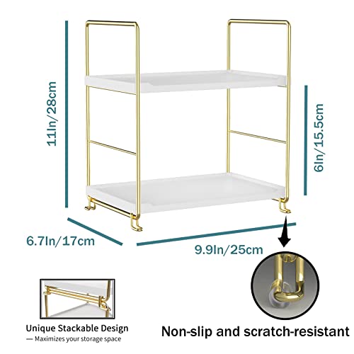 2-Tier Makeup Perfume Counter Organizer, Bathroom Countertop Shelf Vanity Bedroom Storage Tray,Kitchen Spice Rack Standing Shelf(Gold,White) - size: Square