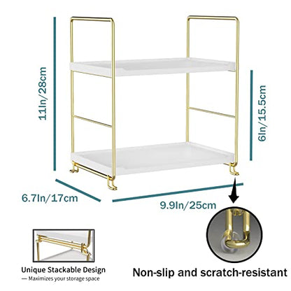 2-Tier Makeup Perfume Counter Organizer, Bathroom Countertop Shelf Vanity Bedroom Storage Tray,Kitchen Spice Rack Standing Shelf(Gold,White) - size: Square