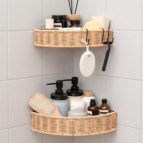 GRANNY SAYS Wicker Corner Shower Caddy Adhesive, Shower Organization | Shower Shelf for Inside Showers, Adhesive Shelves for Bathroom Organizers and Storage, Bathroom Shelf Wall Mounted for Decor - color: Natural, size: Fan-Shaped