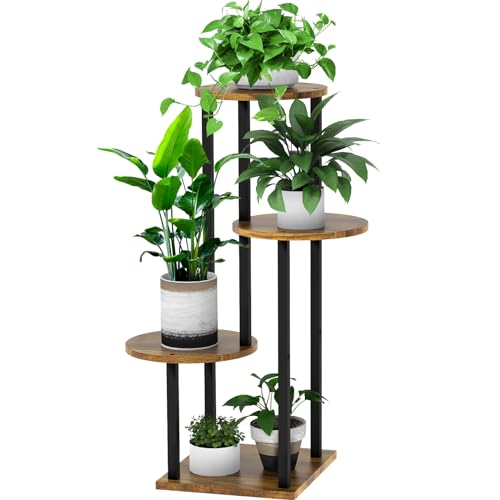 4 Tier Wood Tall Plant Stand Metal Rack Indoor, Multiple Flower Pot Holder Shelves Corner Rack, Round Planter Shelf Display Rack Storage Organizer for Patio Living Room Balcony(Black+Brown) - color: Black+Brown, size: 4 Tier