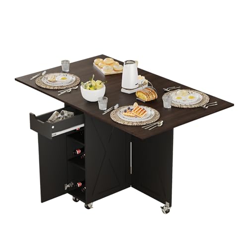 3imothrix Folding Dining Table, Small Dining Table, Space Saving Dining Table with 6 Wheels, Kitchen Table Sewing Table for Small Spaces (Black Dark Brown) - color: Dark Brown