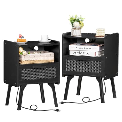 Lerliuo Rattan Nightstands Set of 2 with Charging Station, Boho Side Table with Drawer Open Shelf, Cane Accent Bedside End Table with Solid Wood Legs for Bedroom, Dorm and Small Spaces (Black) - color: Black, size: 2 pack