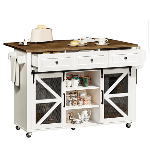 Kitchen Island with Storage, 55" Kitchen Cart with Charging Station, Rolling Kitchen Island Table with Drop-Leaf, 3 Drawers, Barn Doors, Towel Rack and Spice Rack, White and Walnut - color: White + Walnut