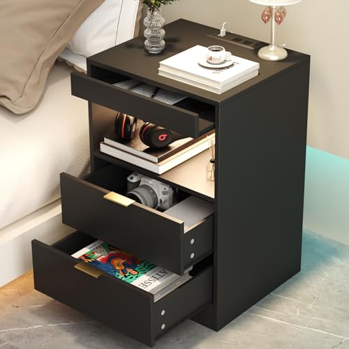 Gadroad Night Stand, LED Nightstand with Charging Station, Wood Bedside Table, End Table Sofa Couch Side Table with Pull-Out Shelf, Black - color: Black