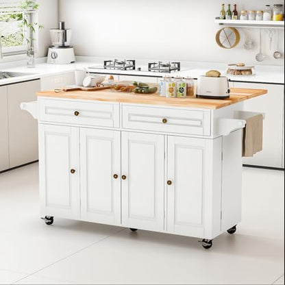 Kitchen Island Cart with Storage on Wheels, 59" Large Rolling Kitchen Island with Drop Leaf, Mobile Island for Kitchen with Towel Rack, Drawers for Dining Room, White - size: 59.3" W, style: White