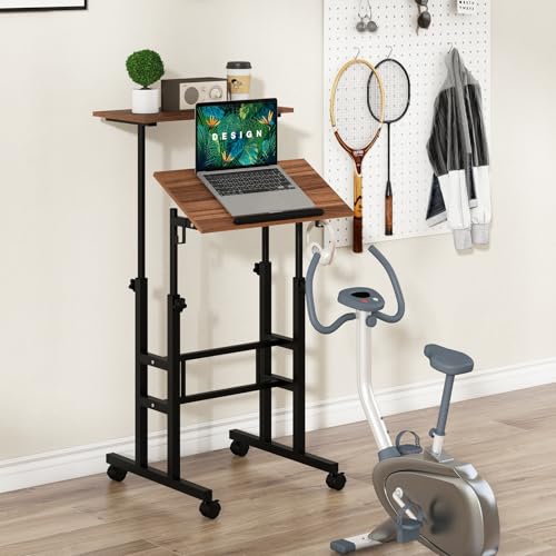 Tangkula Mobile Standing Desk, Height-Adjustable Laptop Podium Cart with Tilting Tabletop & Adjustable Angle, Rolling Stand Up Computer Desk with 2 Hanging Hooks & Lockable Casters for Home Office - color: Brown