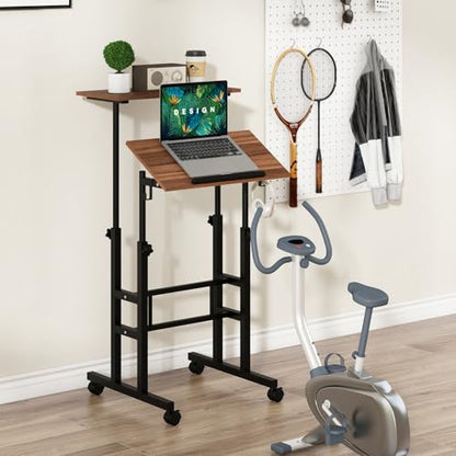 Tangkula Mobile Standing Desk, Height-Adjustable Laptop Podium Cart with Tilting Tabletop & Adjustable Angle, Rolling Stand Up Computer Desk with 2 Hanging Hooks & Lockable Casters for Home Office - color: Brown