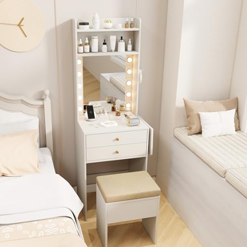 CHARMAID Small Vanity Desk with Mirror and Lights, Makeup Vanity Desk with Charging Station, Drawers, Shelves, Foldable Side Table, Compact White Dressing Table with Storage Chair for Small Space - color: White, size: 20"W
