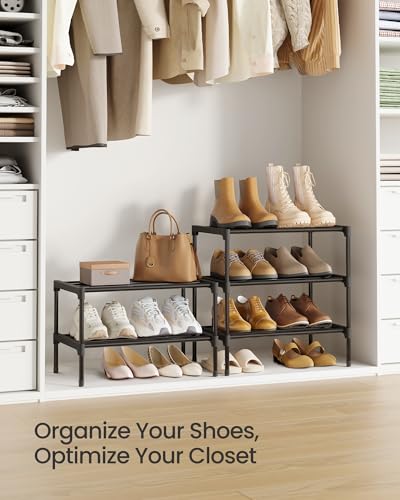 SONGMICS 2-Tier Shoe Rack for Closet, Compact Metal Shoe Organizer Shelf for Entryway, Bedroom, Small Spaces, Stackable, 11.8 x 17.7 x 12.2 Inches, Black ULSA112BH01 - size: 2 Tiers (17.7"W)