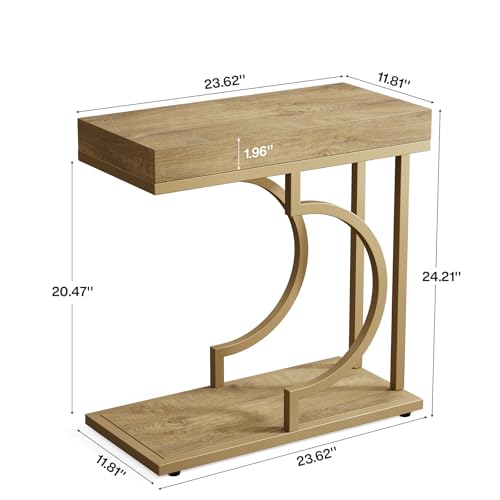 Tribesigns C Shaped Modern End Table for Coach with Metal Frame | Oak Wood Grain, Small Side Table for Living Room, Nightstand for Bedroom, Light Brown&Gold - color: Brown&gold