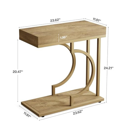 Tribesigns C Shaped Modern End Table for Coach with Metal Frame | Oak Wood Grain, Small Side Table for Living Room, Nightstand for Bedroom, Light Brown&Gold - color: Brown&gold