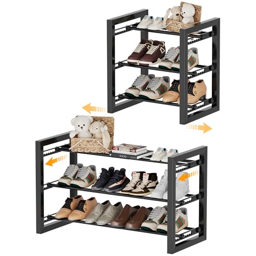 Homeiju Expandable Shoe Rack, 3 Tier Metal Shoe Shelf, Adjustable Shoe Stand for Sneakers, Boots, Heels, Heavy-Duty Steel Standing Shoe Organizer for Entryway, Closet, Bedroom, Black - color: Black, size: 3-Tier
