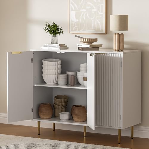 Housoul Fluted Sideboard Buffet Cabinet with 3 Doors, White | Kitchen Storage Cabinet with Adjustable Shelves & Golden Handles, Modern Accent Cabinet, Coffee Bar for Kitchen, Living Room - color: White