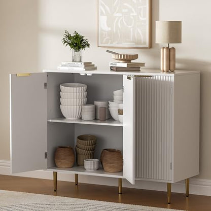 Housoul Fluted Sideboard Buffet Cabinet with 3 Doors, White | Kitchen Storage Cabinet with Adjustable Shelves & Golden Handles, Modern Accent Cabinet, Coffee Bar for Kitchen, Living Room - color: White