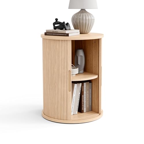 LINSY HOME Round Fluted End Table, Tall Side Table with Sliding Tambour Door and Storage Shelf, Modern Bedside Table, Mid-Century Nightstand for Living Room, Bedroom, Oak - color: Oak