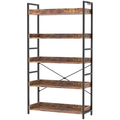 HCHQHS 5 Tier Bookshelf, Adjustable Industrial Bookcase, Vertical Tall Book Shelf, Wood and Black Metal Open Bookshelves for Home Office, Living Room, Bedroom - color: Rustic Brown, size: 5-Tier (31.5"W x 57"H)