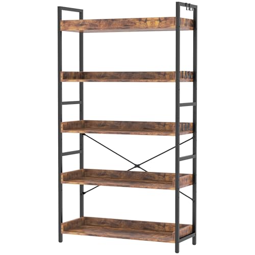 HCHQHS 5 Tier Bookshelf, Adjustable Industrial Bookcase, Vertical Tall Book Shelf, Wood and Black Metal Open Bookshelves for Home Office, Living Room, Bedroom - color: Rustic Brown, size: 5-Tier (31.5"W x 57"H)