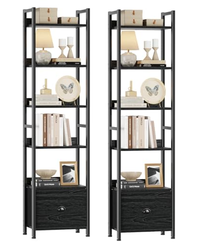 Furologee Book Shelf Set of 2, 6 Tier Tall Shelf with Drawer, Bookshelves and Bookcases Set of 2, Industrial Display Shelving Unit for Bedroom, Living Room, Home Office, Black Oak - color: Black Oak, size: 6 Tier-2 PCS