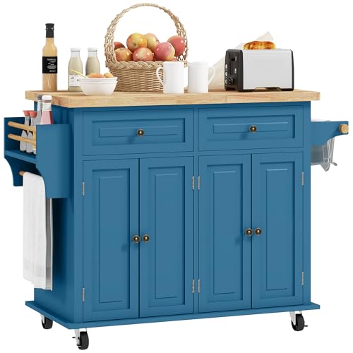 HOMCOM Kitchen Island Cart with Solid Wood Top 44" Mobile Turquoise | Kitchen Island Table, on Wheels, Storage Cabinets, 2 Drawers, Adjustable Shelves, Spice Rack & Towel Bar, for Dining Room - color: Turquoise
