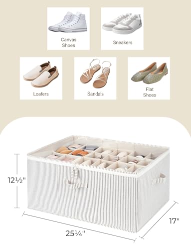 StorageWorks Shoe Organizer for Closet, Fits up to 24 Pairs, Shoe Cubby Storage Containers with Adjustable Dividers and Clear Cover, Khaki and Beige Stripes | Adjustable Dividers, Holds up to 24 Pairs, Foldable, Clear Lid, Soft Handles, Fits Boots, Sandal