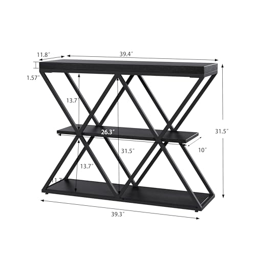 Garvee 3 Tier Console Table,39" Industrial Entryway Table,Open Wood Shelves | Sofa Table,Narrow Wood Accent Tables with Metal Frame for Hallway,Living Room,Behind Couch,Foyer,Entrance,Black - color: Black + X-shaped