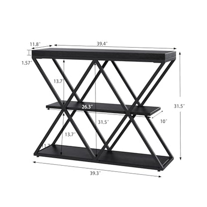 Garvee 3 Tier Console Table,39" Industrial Entryway Table,Open Wood Shelves | Sofa Table,Narrow Wood Accent Tables with Metal Frame for Hallway,Living Room,Behind Couch,Foyer,Entrance,Black - color: Black + X-shaped