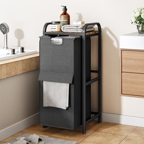 Kitstorack Laundry Hamper, Laundry Basket, Laundry Sorter with a Pull-Out and Removable Bag, Shelf, Metal Frame, 17 Gallons (62 L), Ink Black and Rustic Brown - color: Rustic Brown、Black, size: 1 Bags(15"L x 12.6"W x 27.6"H)